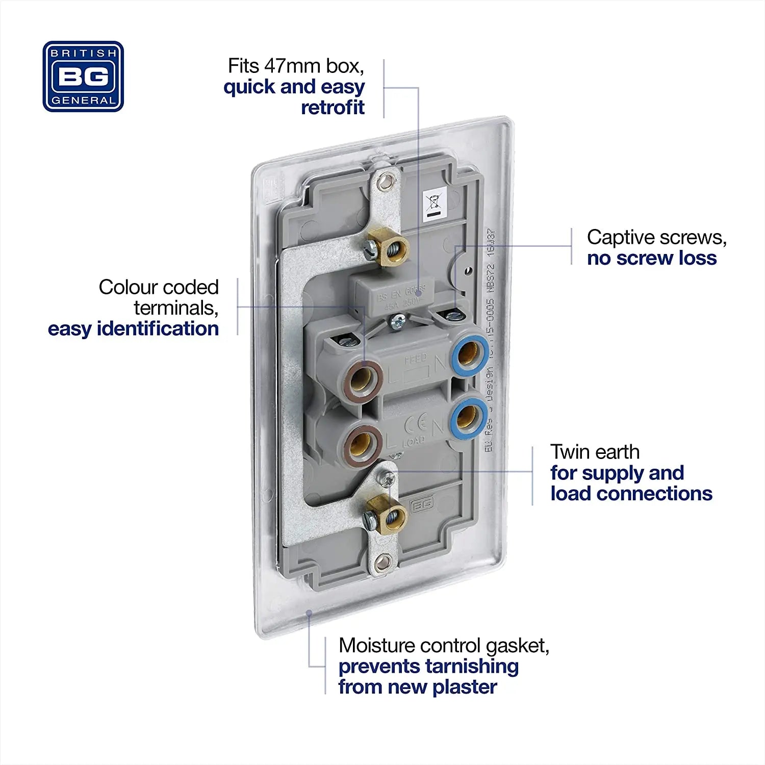 BG Nexus Metal 45 Amp Vertical DP Switch with Neon in Brushed Steel - NBS72-01 BG (British General)