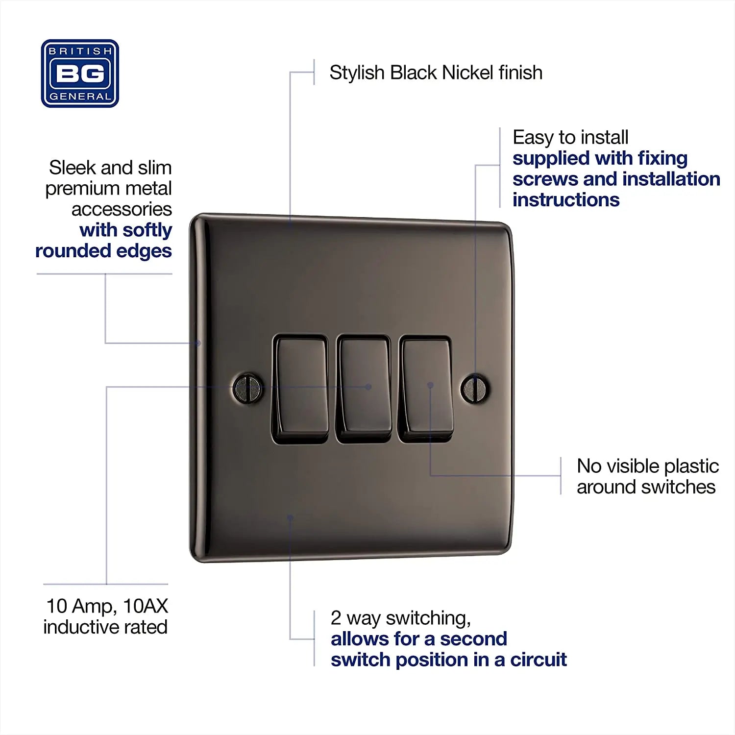 BG Nexus Metal 3 Gang Switch in Black Nickel - NBN43-01 BG (British General)