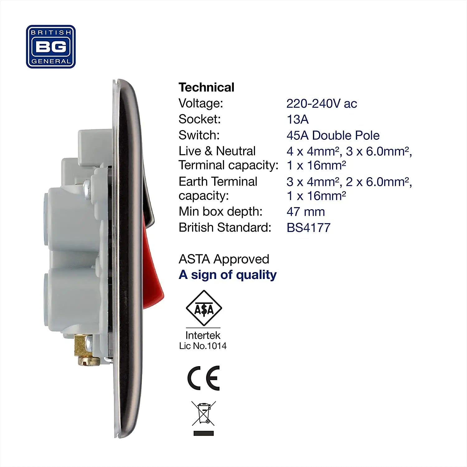 BG Nexus Metal 45 Amp DP Cooker Switch with Socket & Neon in Black Nickel with Black Inserts - NBN70B-01 BG (British General)