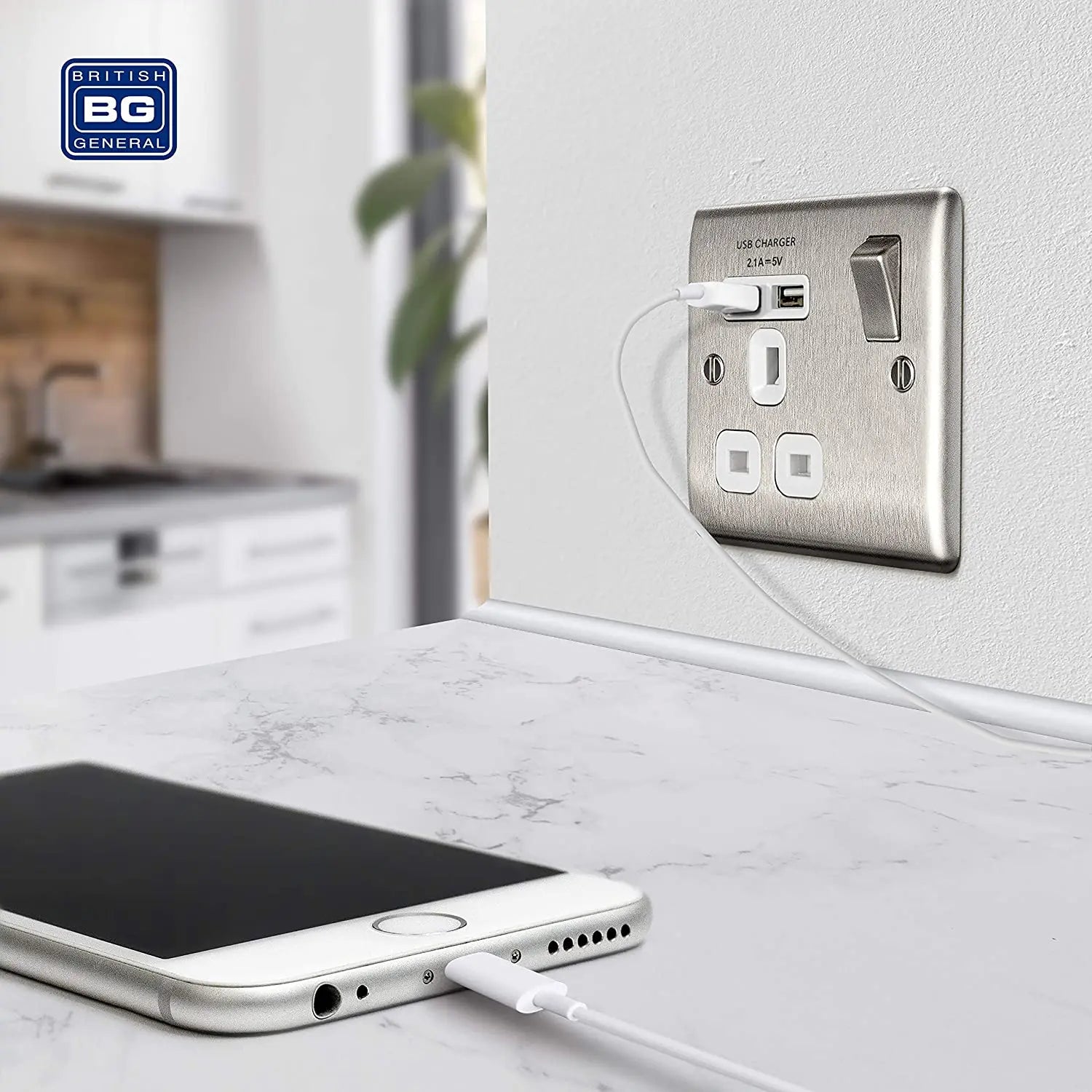 BG Nexus Metal USB Single Socket in Brushed Steel with White Inserts - NBS21U2W-01 BG (British General)