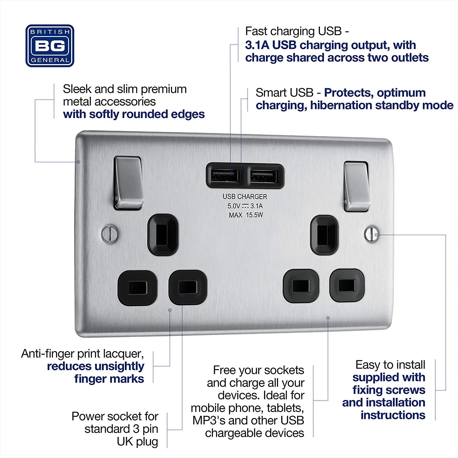 BG Nexus Metal USB Double Socket in Brushed Steel with Black Inserts - NBS22U3B-01 BG (British General)