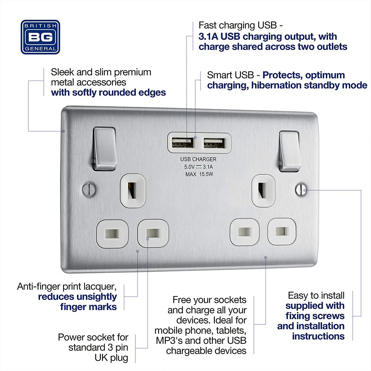 BG Nexus Metal USB Double Socket in Brushed Steel with White Inserts - NBS22U3W-01 BG (British General)