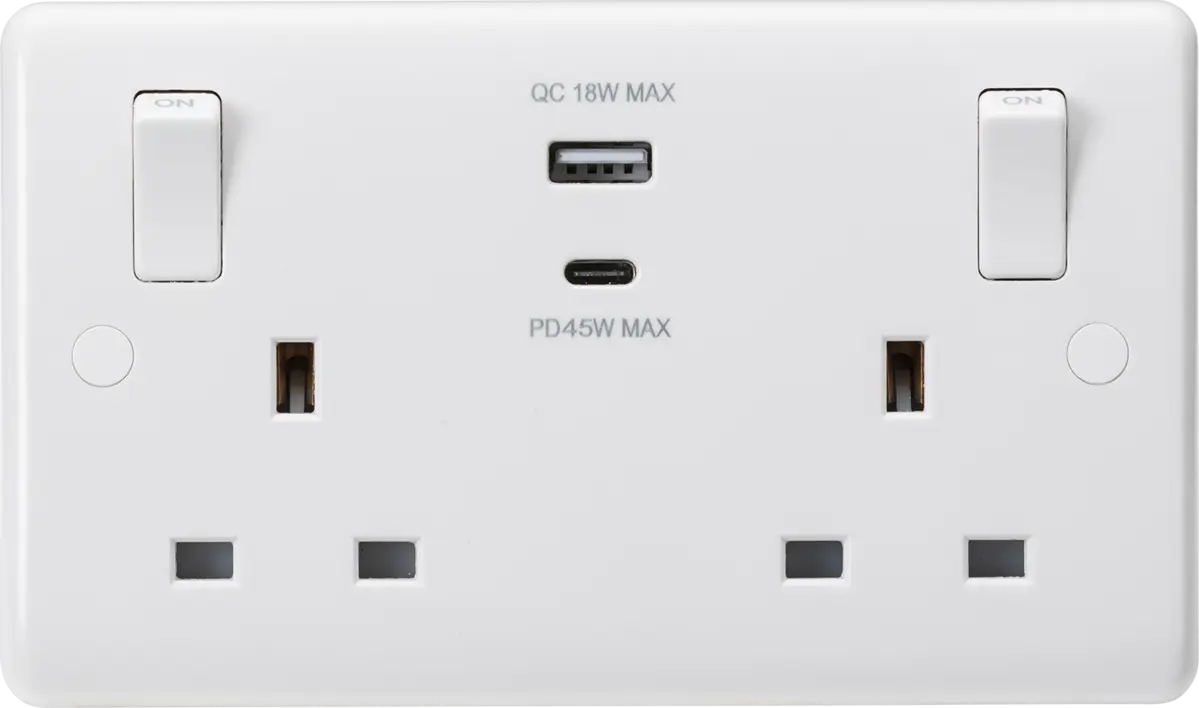 ML Knightsbridge White 13A 2 Gang Switched Double Socket Curved Edge with Outboard Rockers and Dual USB (A+C) QC18W / PD45W ML Knightsbridge
