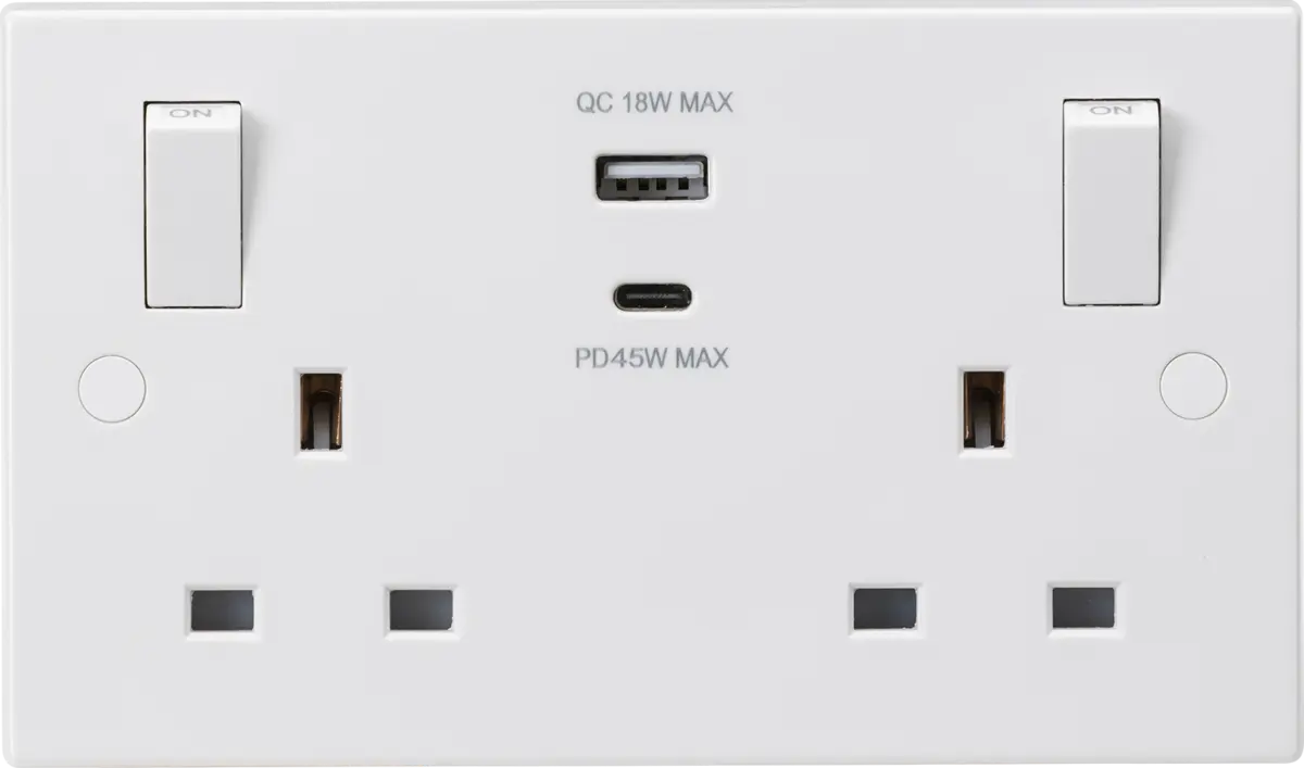 ML Knightsbridge White 13A 2 Gang Switched Double Socket Square Edge with Outboard Rockers and Dual USB (A+C) QC18W / PD45W ML Knightsbridge