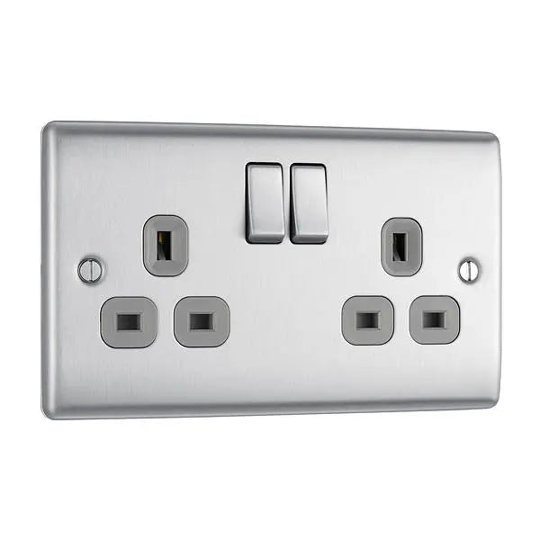 BG Nexus Double Socket – Brushed Steel, Grey Inserts, 13A | NBS22G BG (British General)