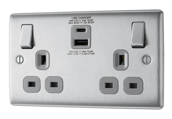 BG Nexus Metal USB USBC Double Socket in Brushed Steel with Grey Inserts - NBS22UAC30G BG (British General)