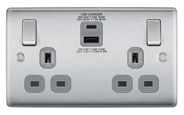 BG Nexus Metal USB USBC Double Socket in Brushed Steel with Grey Inserts - NBS22UAC30G BG (British General)
