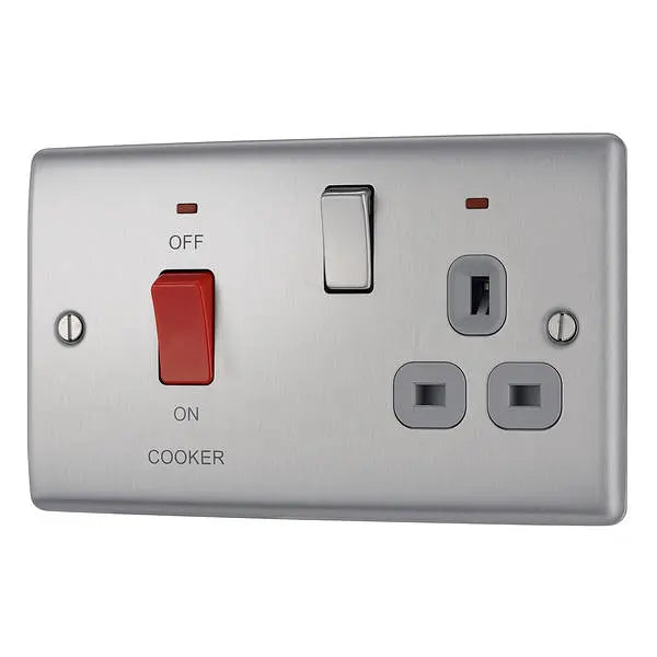 BG Nexus Metal 45 Amp DP Cooker Switch with Socket & Neon in Brushed Steel with Grey Inserts - NBS70G-01 BG (British General)
