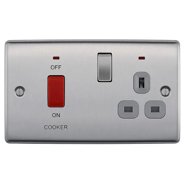 BG Nexus Metal 45 Amp DP Cooker Switch with Socket & Neon in Brushed Steel with Grey Inserts - NBS70G-01 BG (British General)
