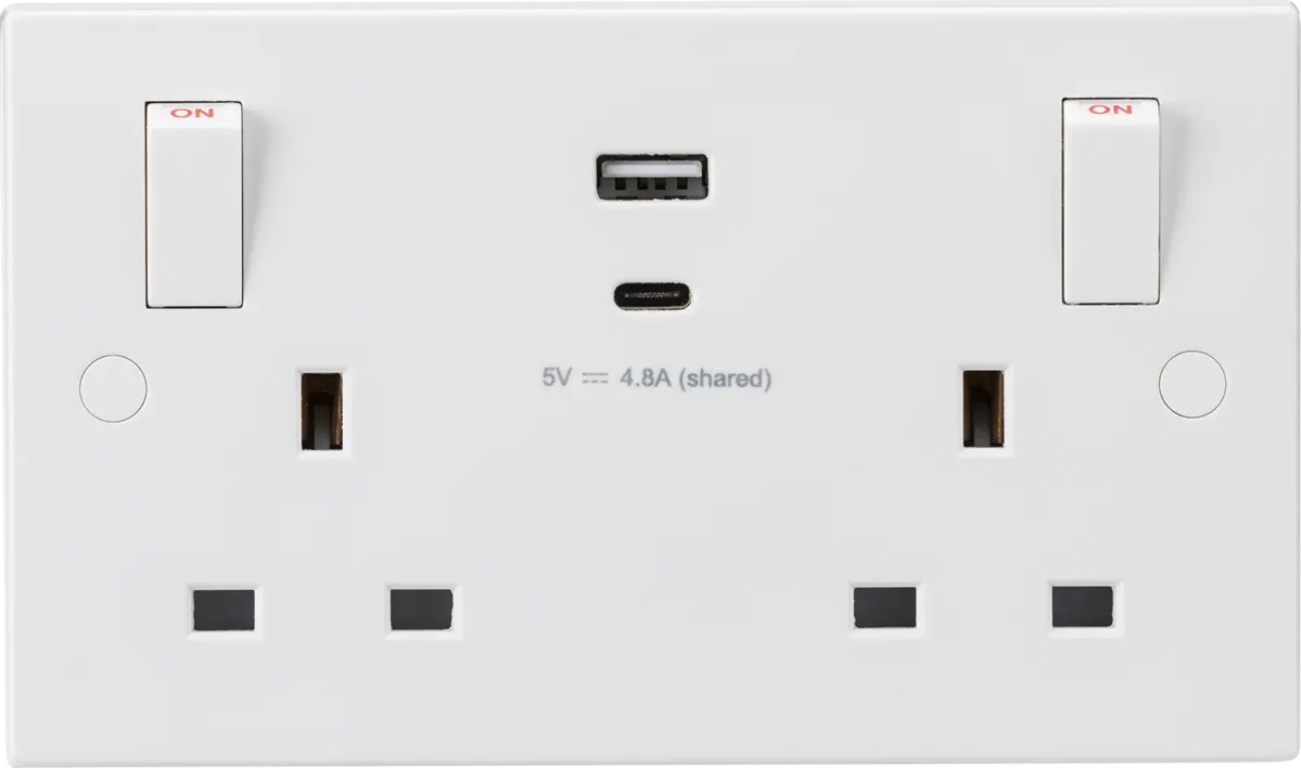 13A 2G Switched Double Socket with Outboard Rockers and Dual USB (A+C) 5V DC 4.8A - SN9002 Shared ML Knightsbridge