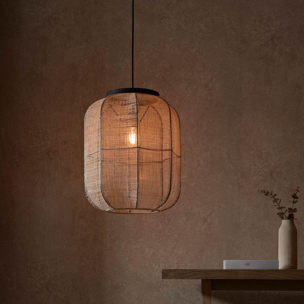 Zaire Medium Pendant in Natural Linen, Dark Plywood & Matt Black - 101689