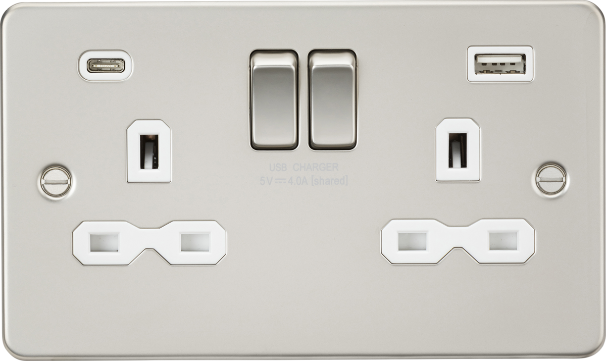 Flat plate 13A 2 Gang Switched Double Socket with Dual USB A+C Charger (5V DC 4A) - Pearl with White Insert