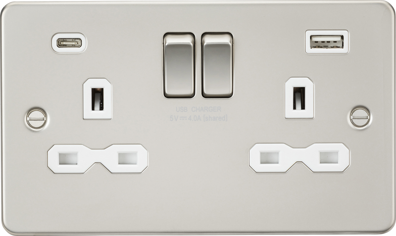 Flat plate 13A 2 Gang Switched Double Socket with Dual USB A+C Charger (5V DC 4A) - Pearl with White Insert