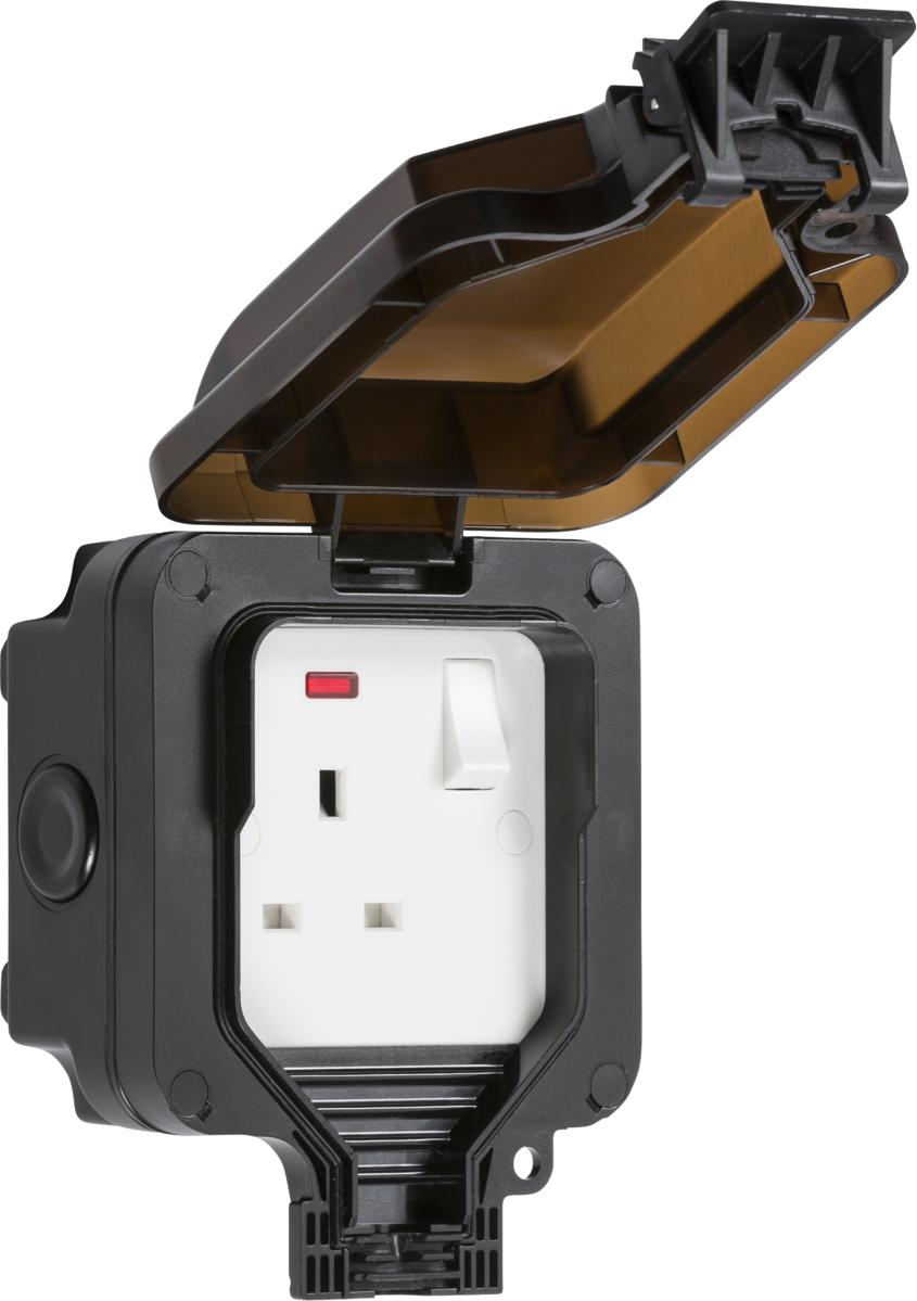 Outdoor Single Socket IP66 13A 1 Gang Double Pole Switched Socket with Neon - Black