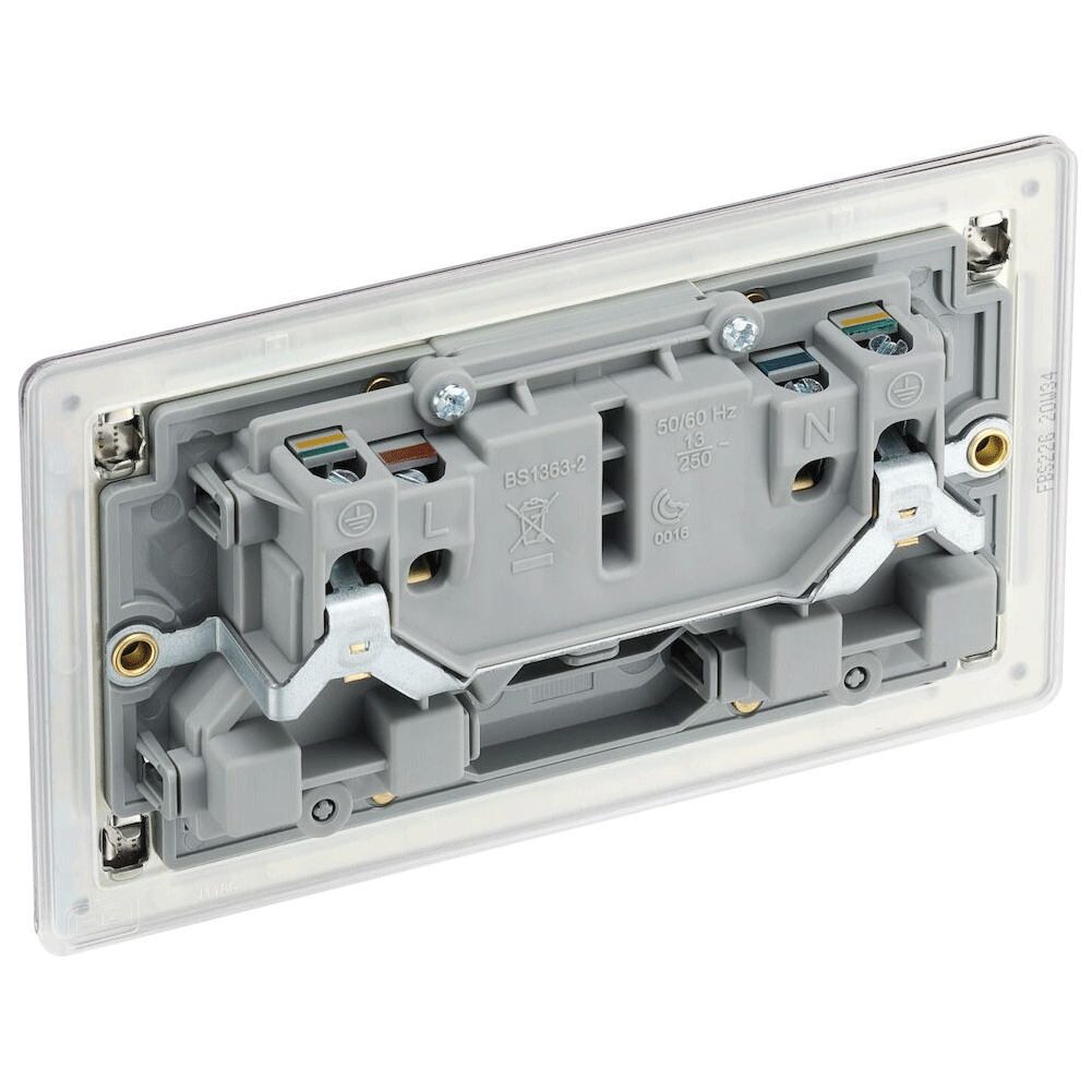 BG Nexus Screwless Flat Plate Brushed Steel Double Socket FBS22G Grey Inserts 13Amp