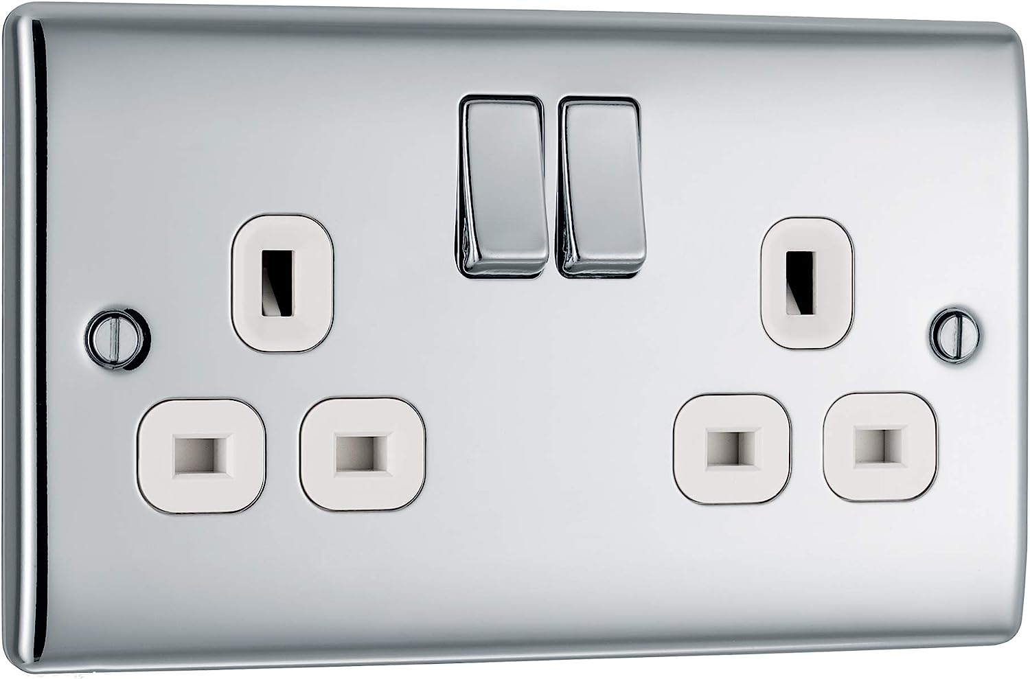 BG Nexus Metal Double Socket 13A Plug Polished Chrome With White Inserts - NPC22W