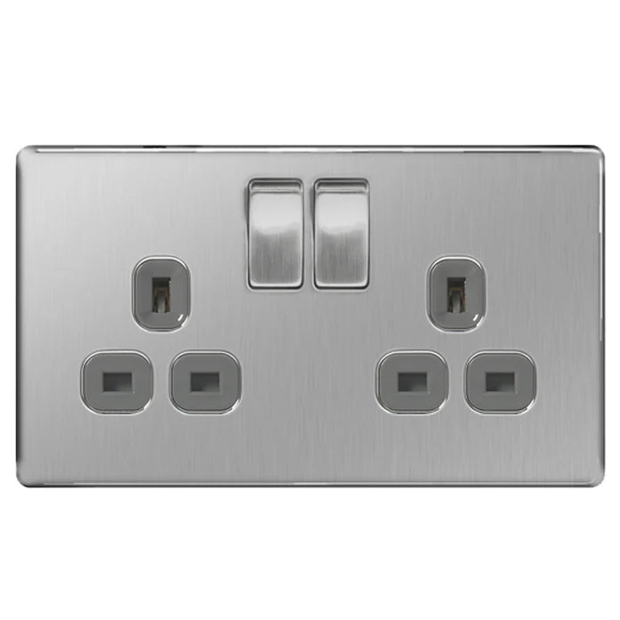 BG Nexus Screwless Flat Plate Brushed Steel Double Socket FBS22G Grey Inserts 13Amp