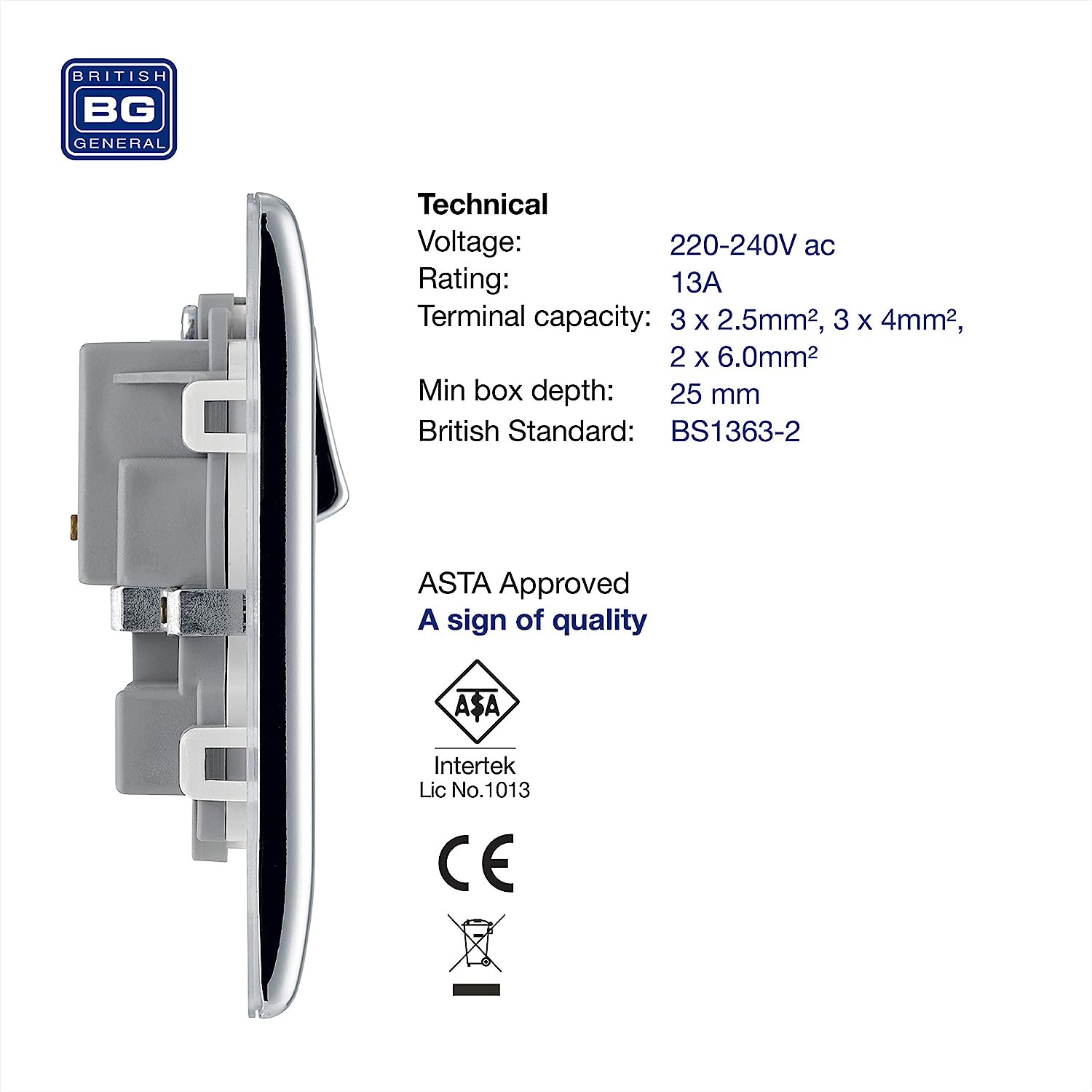 BG Nexus Metal Double Socket 13A Plug Polished Chrome With White Inserts - NPC22W
