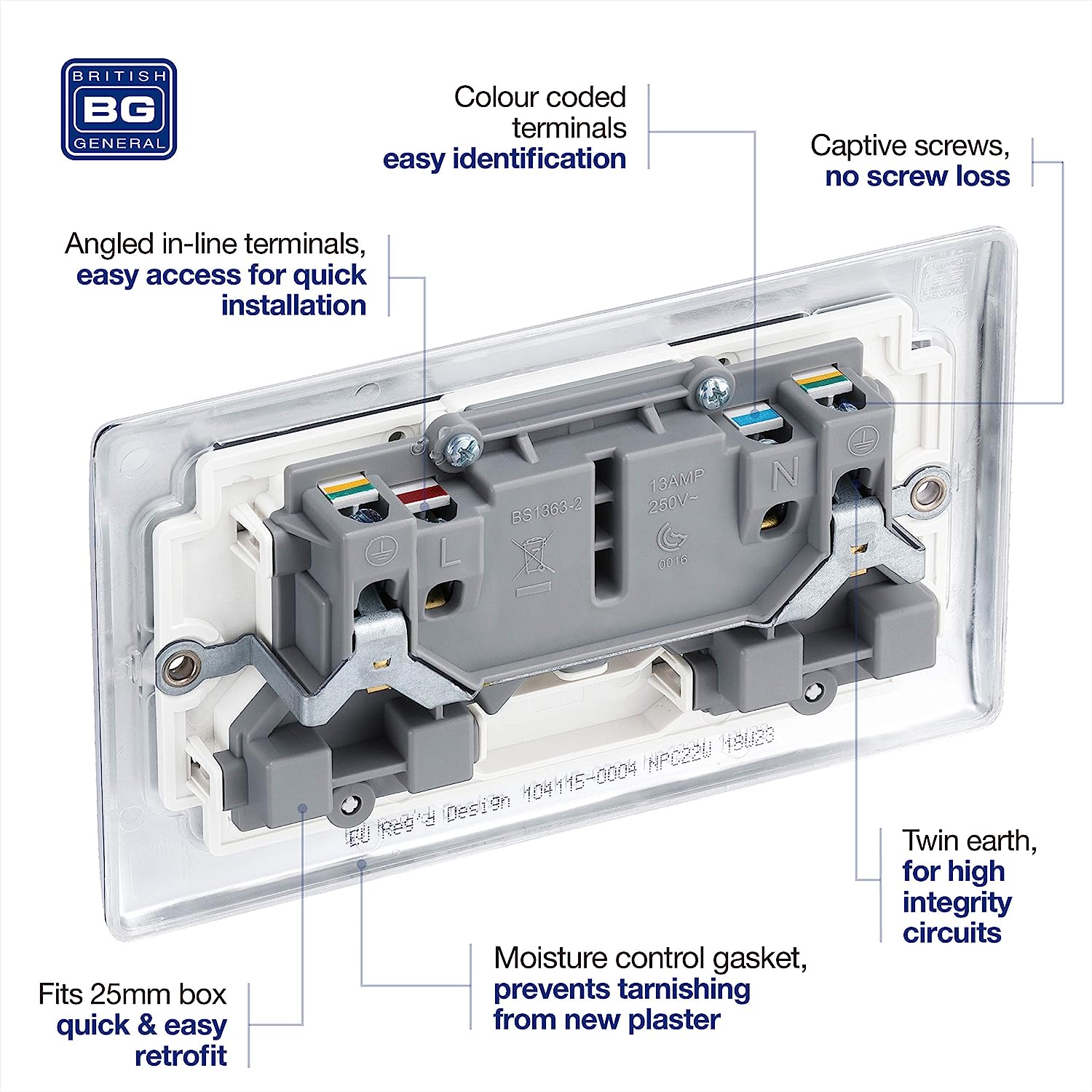 BG Nexus Metal Double Socket 13A Plug Polished Chrome With White Inserts - NPC22W