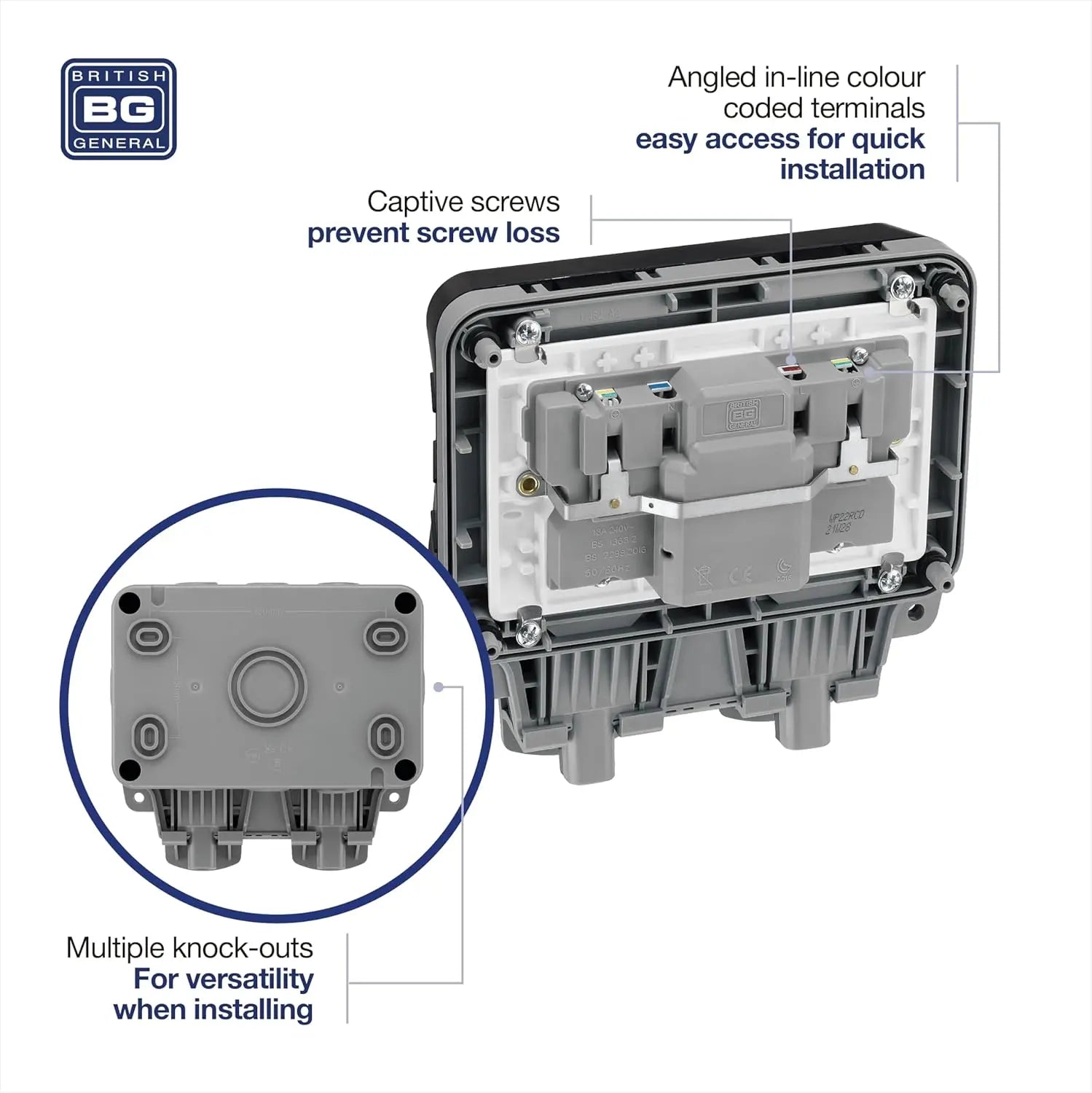 BG Electrical WP22RCD-01 Double Weatherproof Outdoor Switched Socket with Latching RCD - IP66 13A