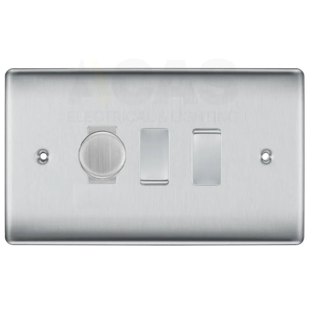 BG Nexus Brushed Steel 3 Gang Light Switch – 1x LED Trailing Edge Dimmer & 2x 2-Way Rocker Switches BG Electrical
