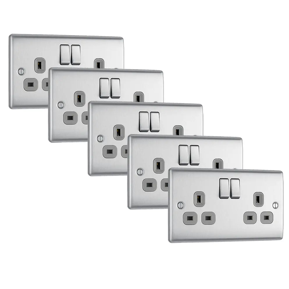 BG Nexus NBS22G 13A 2 Gang Switched Socket - Brushed Steel Grey (5 Pack) BG Electrical