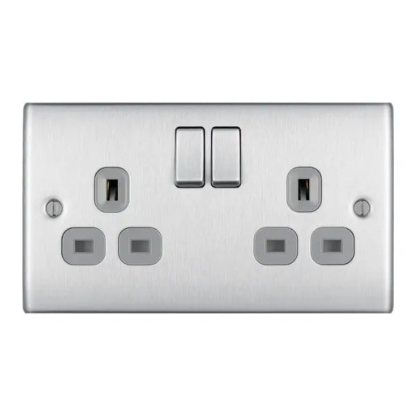 BG Nexus NBS22G 13A 2 Gang Switched Socket - Brushed Steel Grey (5 Pack) BG Electrical