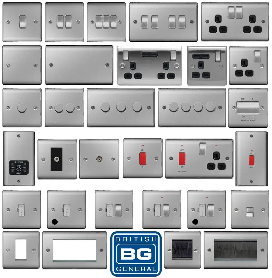 BG Nexus Brushed Steel Switches and Sockets with Black Inserts – Full Range BG Nexus