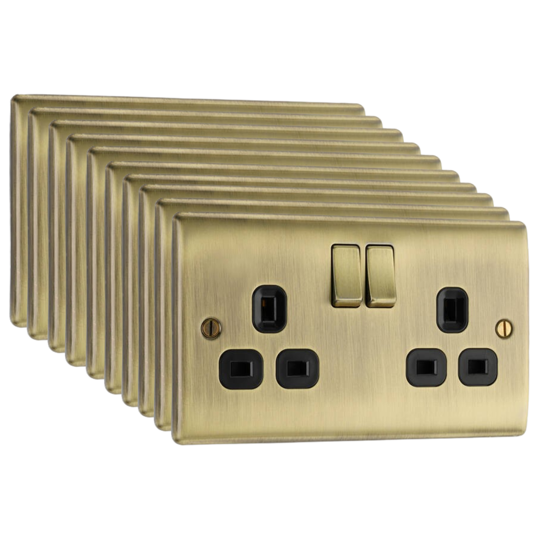 BG NAB22B(10) Nexus Metal | 10 Pack | Antique Brass - Black Insert | 13A | 2 Gang Switched Double Socket