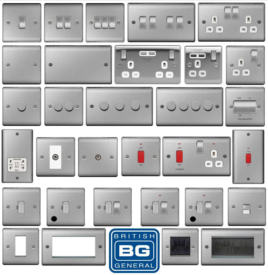 BG Nexus Brushed Steel Switches and Sockets with White Inserts – Full Range BG Nexus