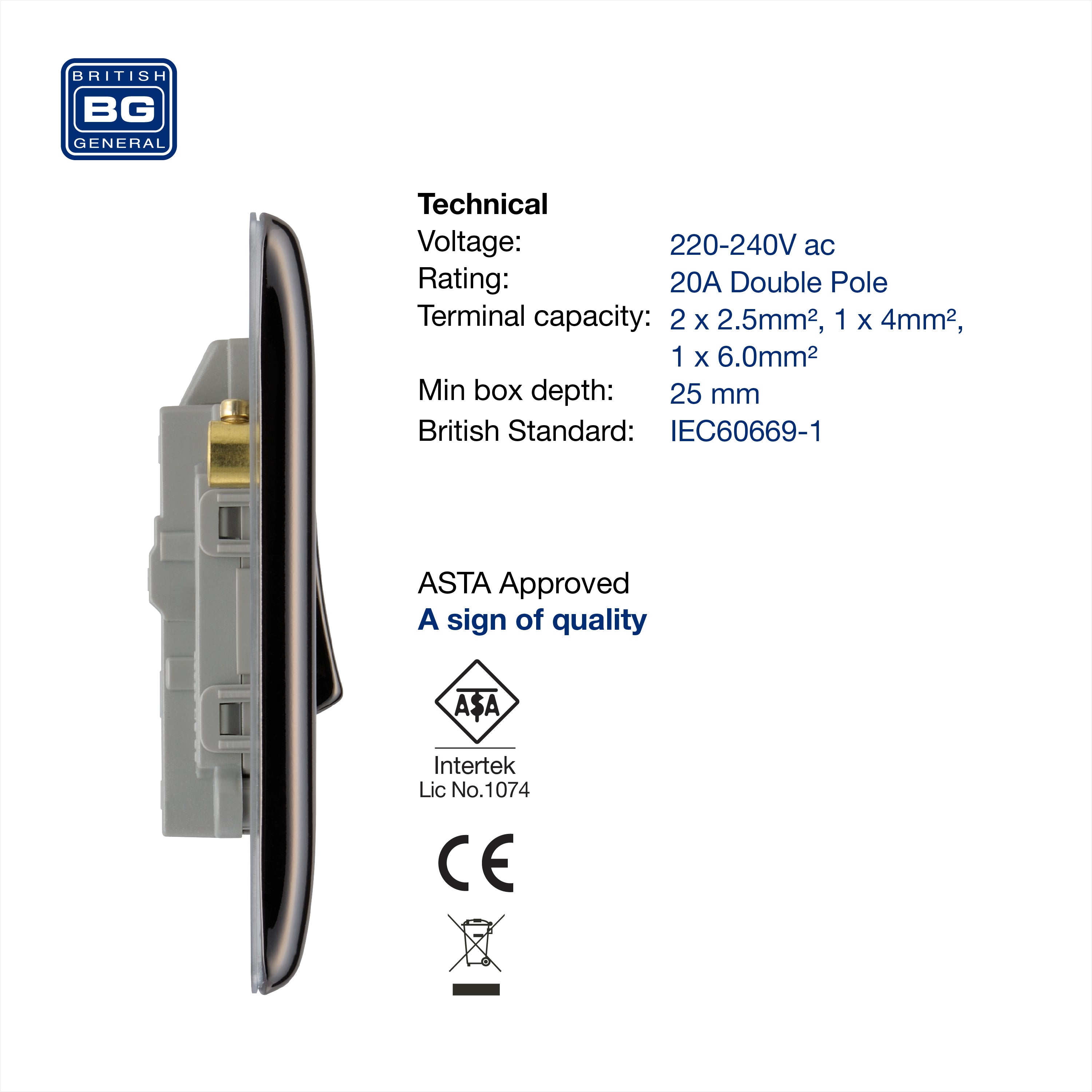 BG Nexus Metal 20A DP Switch with Neon in Black Nickel - NBN31-01