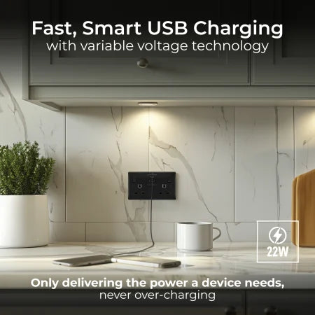BG Nexus Metal Matt Black 2 Gang USB A + C Switched Socket Black insert - NFB22UAC22B