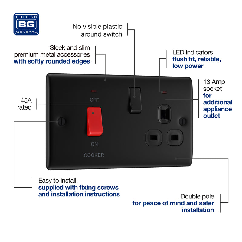 BG Nexus Metal 45 Amp DP Cooker Switch with Socket & Neon in Matt Black with Black Inserts