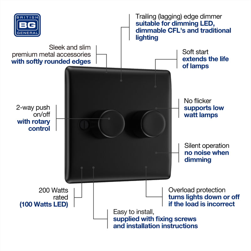 BG Nexus Metal 2 Gang Dimmer Switch in Matt Black