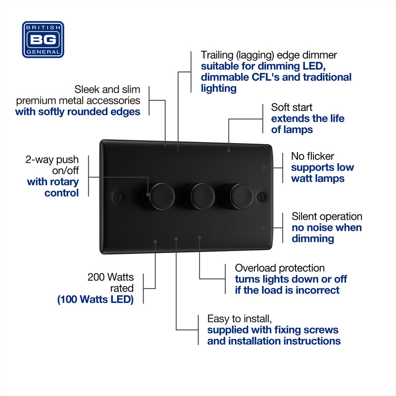 BG Nexus Metal 3 Gang Dimmer Switch in Matt Black - NFB83