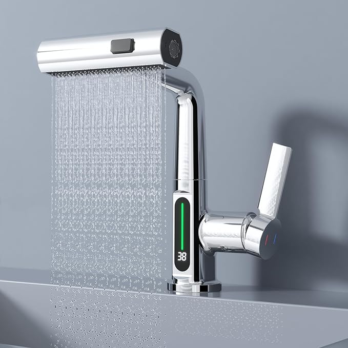 Modern Single Hole Basin Faucet with Waterfall, Pull Out Sprayer and LED Temperature Display, Chrome Silver