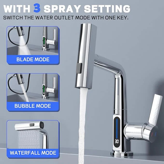 Modern Single Hole Basin Faucet with Waterfall, Pull Out Sprayer and LED Temperature Display, Chrome Silver