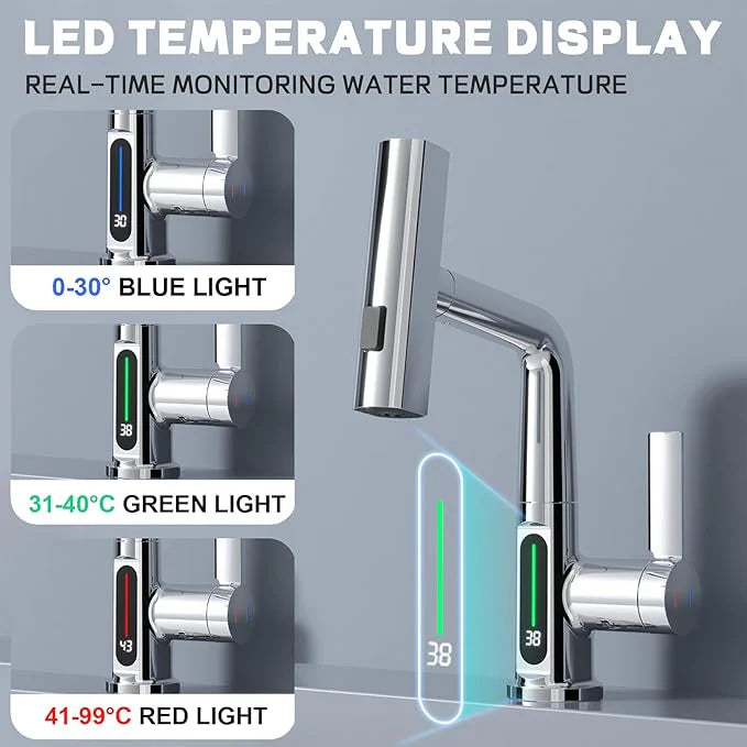 Modern Single Hole Basin Faucet with Waterfall, Pull Out Sprayer and LED Temperature Display, Chrome Silver
