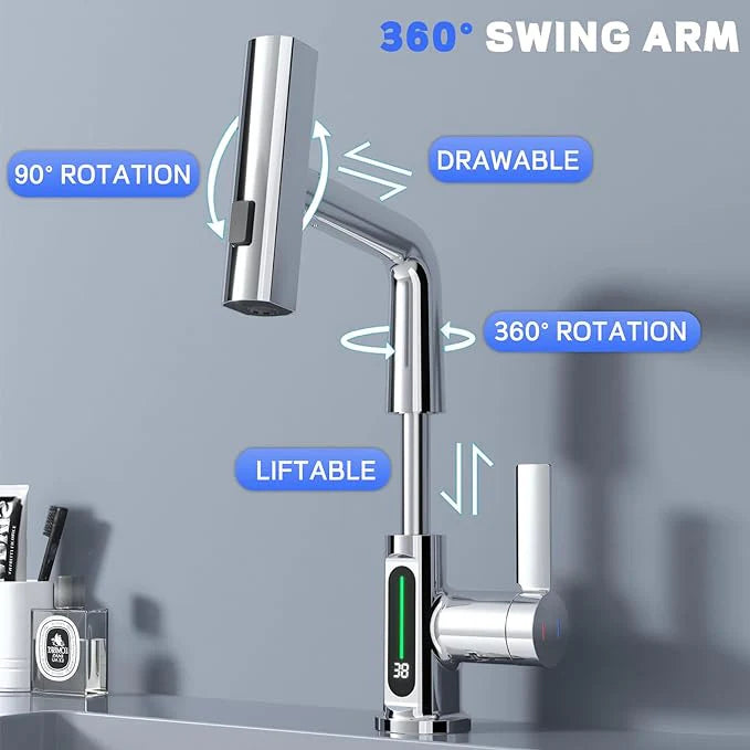 Modern Single Hole Basin Faucet with Waterfall, Pull Out Sprayer and LED Temperature Display, Chrome Silver