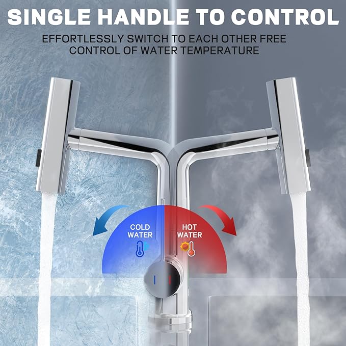 Modern Single Hole Basin Faucet with Waterfall, Pull Out Sprayer and LED Temperature Display, Chrome Silver