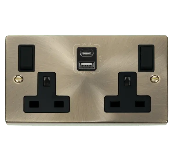 Click Deco Antique Brass 2G 13A SW SKT 4.2A A&C USB  VPAB BK with Black Insert – VPAB786BK