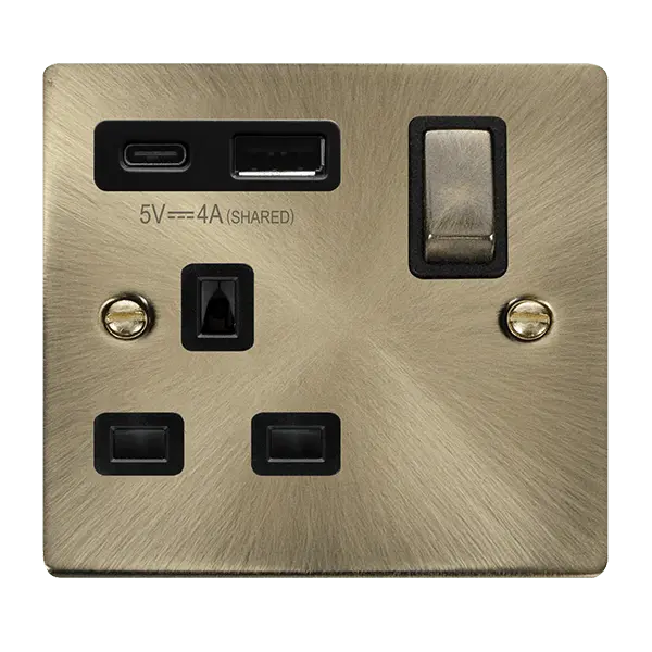 Click Deco Antique Brass DECO 'INGOT' 13A 1  GANG  SWITCHED SAFETY SHUTTER SOCKET OUTLET WITH TYPE A & C USB (4A) OUTLETS - ANTIQUE BRASS - BLACK INSERTS with Black Insert – VPAB585BK