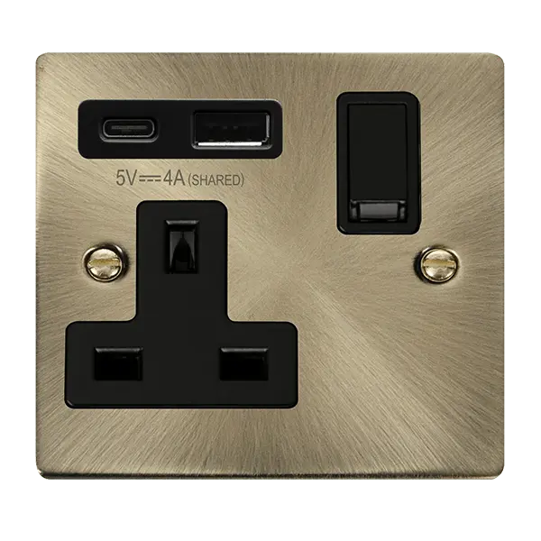 Click Deco Antique Brass DECO 'NON INGOT' 13A 1  GANG  SWITCHED SAFETY SHUTTER SOCKET OUTLET WITH TYPE A & C USB (4A) OUTLETS - ANTIQUE BRASS - BLACK INSERTS with Black Insert – VPAB785BK
