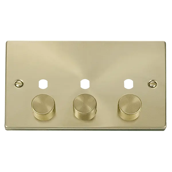 Click Scolmore Click Deco Satin Brass 3 Gang Empty Dimmer Plate with Knobs - VPSB153PL