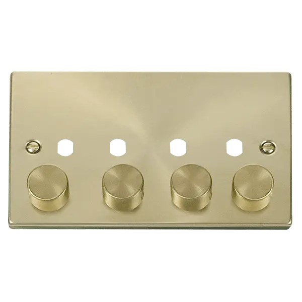Click Scolmore Click Deco Satin Brass 4 Gang Empty Dimmer Plate with Knobs - VPSB154PL