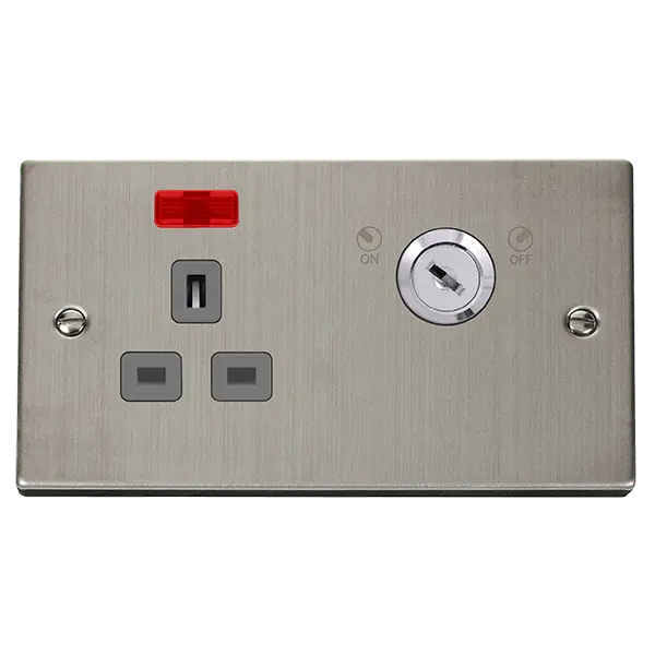 Click Deco Stainless Steel 13A Ingot 1 Gang Double Pole Key Lockable Switched Socket With Neon (Double Plate) with Grey Insert – VPSS655GY