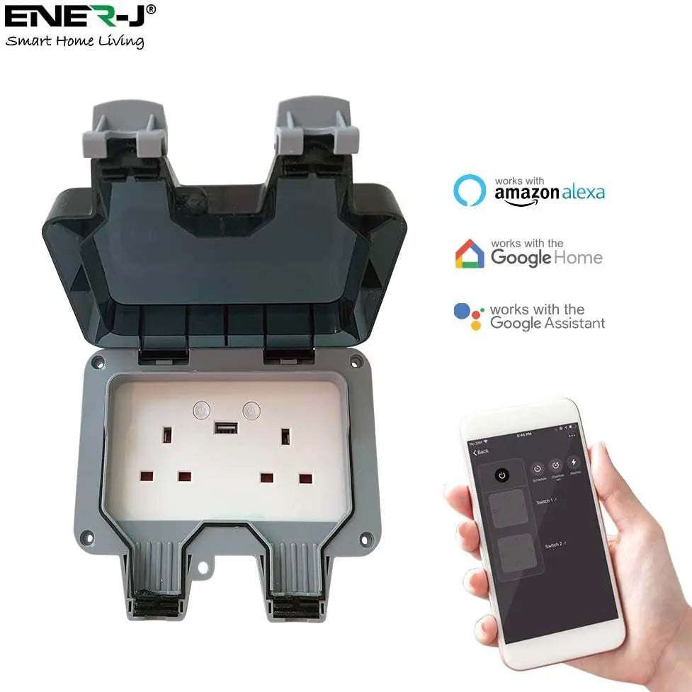 EnerJ Smart WiFi Outdoor Socket – IP55 Rated 2 Gang 13A with USB Port (SHA5275)