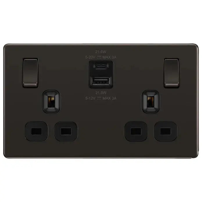 BG Nexus Screwless Flat Plate Black Nickel Switches and Sockets Black Inserts Full Range BG Nexus