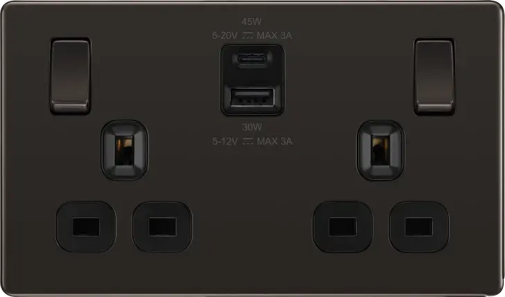 BG Nexus Screwless Flat Plate Black Nickel Switches and Sockets Black Inserts Full Range BG Nexus