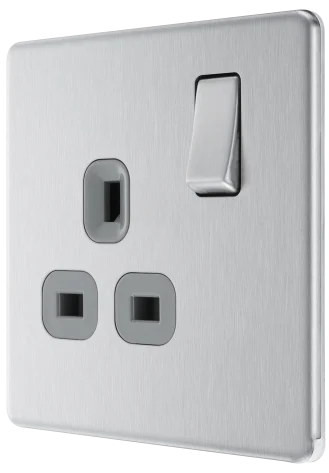 BG Nexus Screwless Flat Plate Brushed Steel Single Socket FBS21G Grey Insert 13Amp